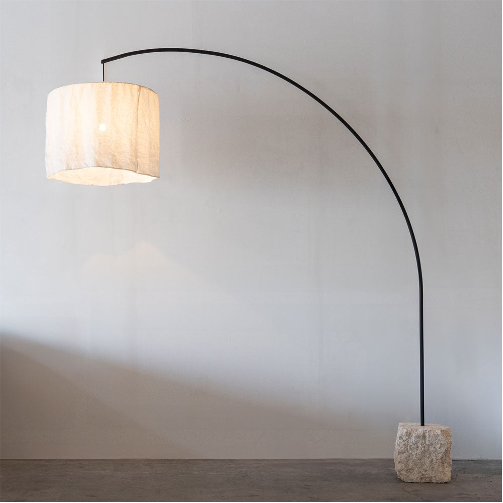 Arc Floor Lamp - Stone Base and Fabric Shade